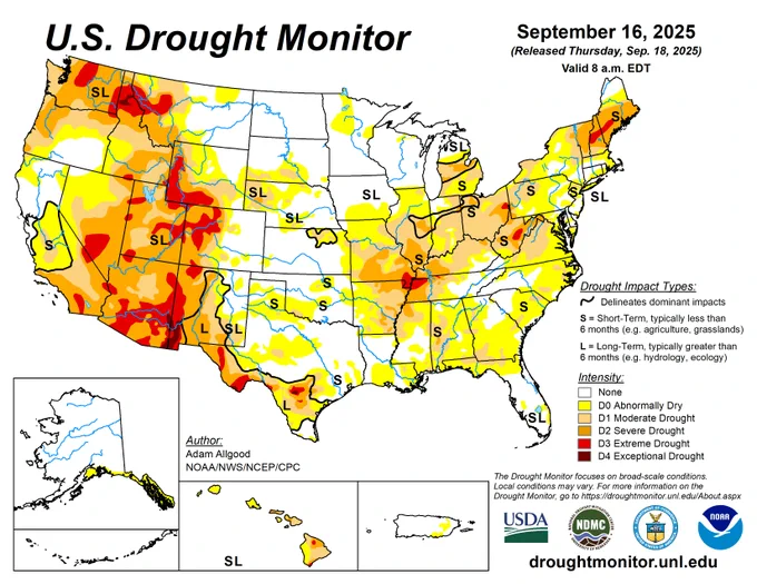 US Drought Monitor showing conditions for 9-18-25.