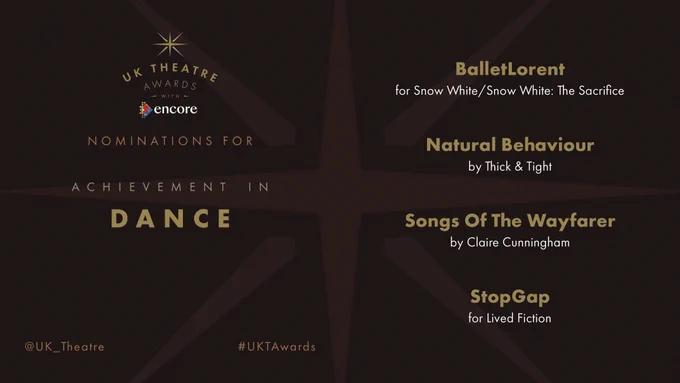 The nominees for Achievement in Dance are:

BalletLorent for Snow White/Snow White: The Sacrifice

Natural Behaviour by Thick & Tight

Songs Of The Wayfarer by Claire Cunningham

StopGap for Lived Fiction

#UKTAwards
