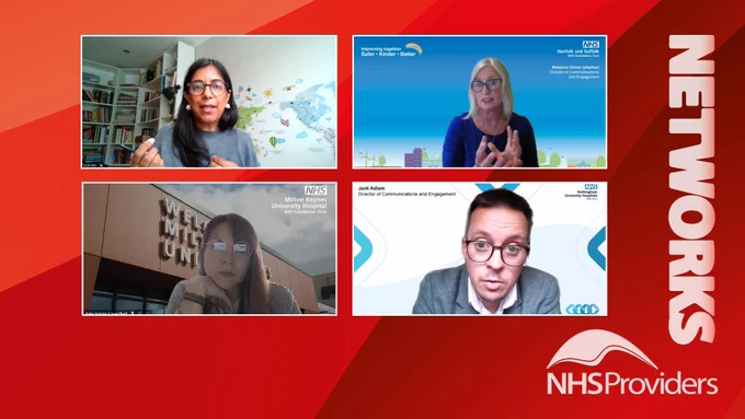 Red graphic card which displays the text 'Networks' and 'NHS Providers'. There are four screen grab images of the people who spoke online at the Communications Leads Network meeting, which took place on Thursday 18 September 2025.