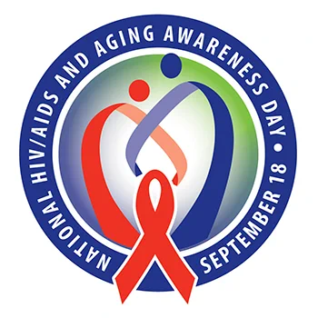 Logo for National HIV/AIDS and Aging Awareness Day showing two stylized human figures embraced within multicolored loops, with a red ribbon at the bottom and the date September 18.