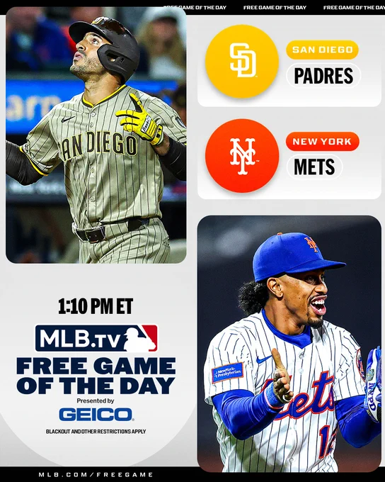 MLB.TV Free Game of the Day
Presented by GEICO
San Diego Padres vs. New York Mets, 1:10 PM ET
Pictured: Top left, Ramón Laureano celebrates pointing up while rounding the bases. He wears a sand pinstriped Padres uniform with yellow batting gloves and a brown batting helmet. Bottom right, Francisco Lindor smiles with arms out, wearing a white pinstriped Mets uniform with blue arm sleeves, a blue Mets cap, and a multicolored glove.