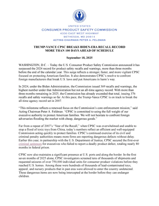 Two-page U.S. Consumer Product Safety Commission press release on official letterhead. Headline: “Trump-Vance CPSC Breaks Biden-Era Recall Record More Than 100 Days Ahead of Schedule.” Dated September 18, 2025, the release announces that CPSC has already issued 376 recalls and warnings in 2025, surpassing the 369 issued in 2024 under the Biden Administration, and is on track to break the all-time record set in 2007. Acting Chairman Peter A. Feldman highlights renewed focus on enforcement and confronting unsafe foreign imports. The release notes record screening at U.S. ports, the first criminal sentences for executives who failed to report defects, and a surge in recalls tied to Chinese e-commerce goods. Enforcement highlights include the largest swimming pool recall in agency history, 28 recalls in one week, and urgent alerts on counterfeit toys, batteries, and infant products.