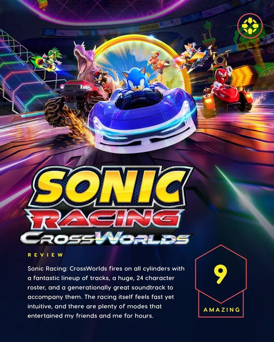 Sonic Racing: CrossWorlds fires on all cylinders with a fantastic lineup of tracks, a huge, 24 character roster, and a generationally great soundtrack to accompany them. The racing itself feels fast yet intuitive, and there are plenty of modes that entertained my friends and me for hours. Score: 9