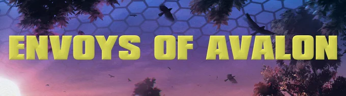 The sun shines from the bottom right as its rays cut through the light of the equinox. The sky is colored bright pink at its lowest as it rises into violet and then indigo above in an afterglow. Magenta leaves break through on the right edge as branches peek through. The shadowy forms of multiple ravens are present with their wings spread wide as they soar over the scene. A layer of blue hexagons cover the indigo sky indicating the digital nature of the setting: this is a virtual training scenario. This is Secret World Legends. Light yellow words in the center-middle read: "ENVOYS OF AVALON".