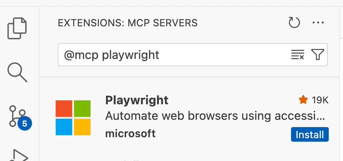 A screenshot of the extensions pane in VS Code that has @mcp playwright in the search box, and the Playwright MCP server shown