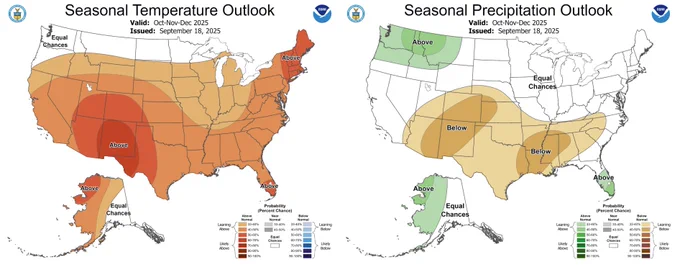 Climate Prediction Center October-December Temperature and Precipitation Outlook. Precipitation is most likely to be above normal for this period. Temperatures have equal chances of being below, above, or near-normal. 