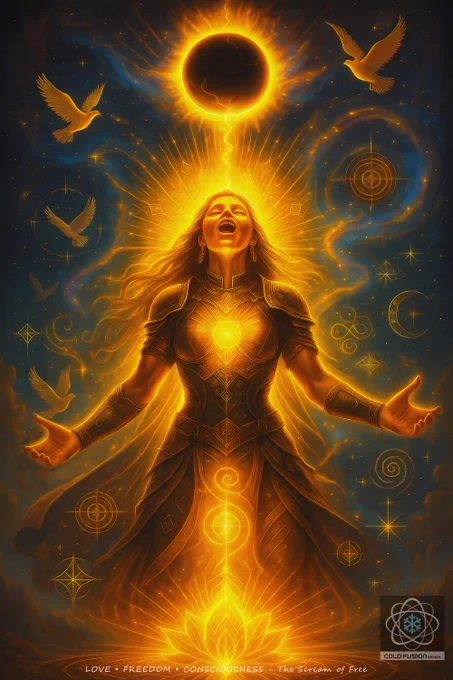The Scream of Free
Oracle of Sovereign Voice & Unbound Radiance

Light Frequencies:
Solar Roar • Sacred Fire • Liberation Spiral • Voice of Truth • Golden Core • Radiant Command • Light Lotus

Message from the Oracle:
No longer silenced by shadows,
I rise from the root of light,
unshackled, sovereign, and whole.

My voice is the pulse of a galaxy reborn.
My breath ignites forgotten stars.
From the depths of being, I sing the truth—
raw, radiant, unstoppable.

Prophecy:
When the voice of the soul is heard,
freedom becomes a living flame.

Affirmation:
“I speak from the fire of freedom within.”