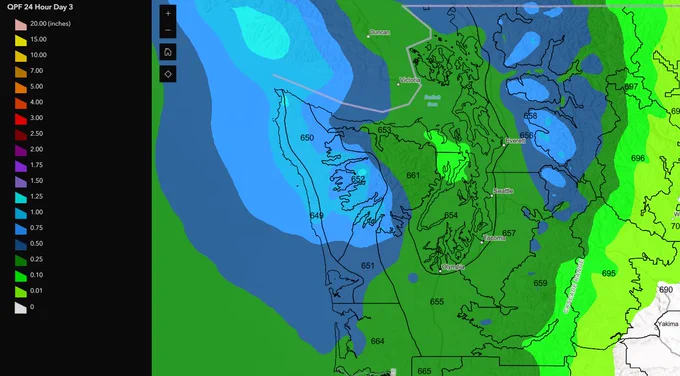 24 hour rainfall totals from Saturday evening through Sunday evening. 0.75 inches to 1.25 inches in the North and Central Cascades as well as the coast. Up to a half inch in the lowlands. 