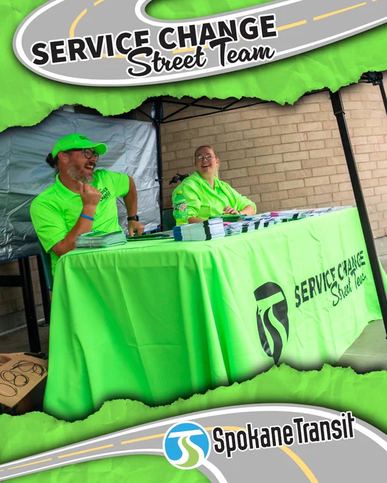 Spokane Transit Service Change Street Team members in bright green gear have fun assisting riders understand September Service Change information.