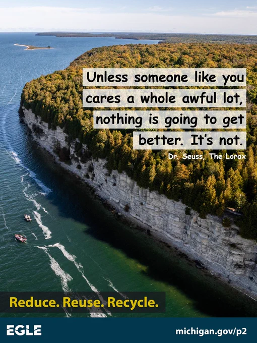 Ariel view of Fayette State Park. Photo credit: DNR

Text says: 'Unless someone like you  
cares a whole awful lot, nothing is going to get
 better. It’s not. Dr Seuss, The Lorax'
Reduce. Reuse. Recycle.