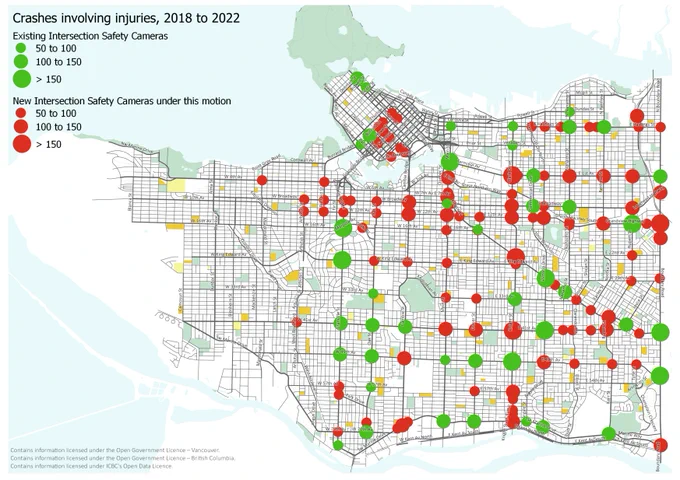 A map of proposed intersection and red light cameras under a motion from Christine Boyle in 2023. Victoria and 12th is shown as one of the intersections selected based on historical crash data. The motion was voted down by Brian Montague and ABC. 
