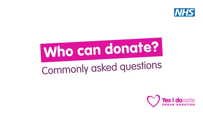 The phrase "Who can donate?" on a pink background in line with organ donation branding.

Underneath that on a plain white background is the phrase "Commonly asked questions".