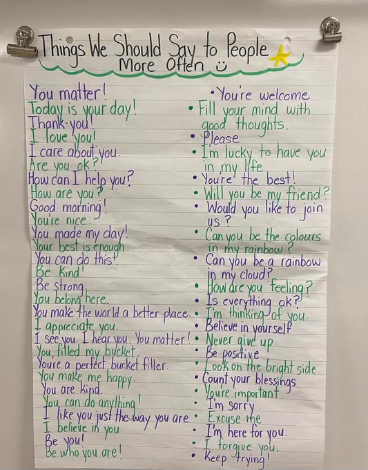 Anchor chart titled "Things We Should Say to People More Often" contains a long list of encouragements, affirmations and kind words.