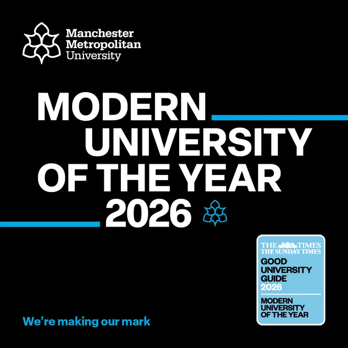 Promotional image for Manchester Metropolitan University, labeled "Modern University of the Year 2026" by The Sunday Times Good University Guide.