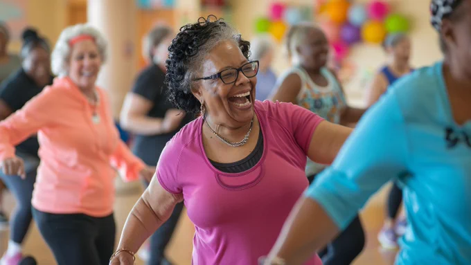 A woman in a bright purple top laughs as she takes part in a zumba class