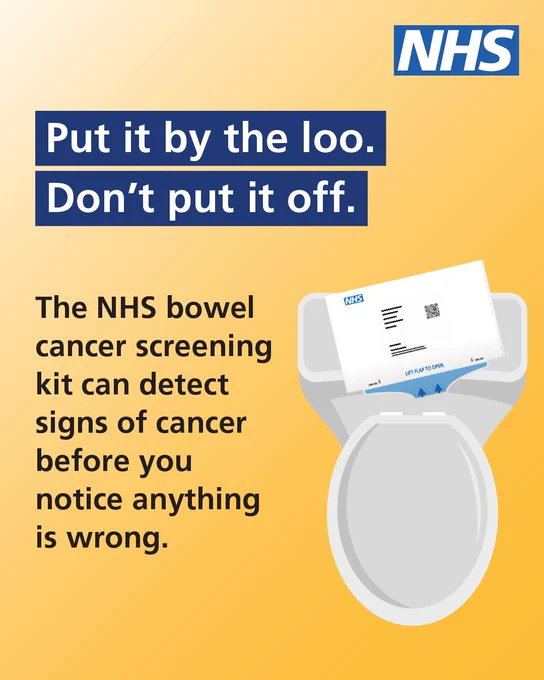 An illustration of a bowel screening kit sitting on top of a toilet. Text reads 'Put it by the loo. Don't put it off. The NHS bowel cancer screening kit can detect signs of cancer before you notice anything is wrong.'