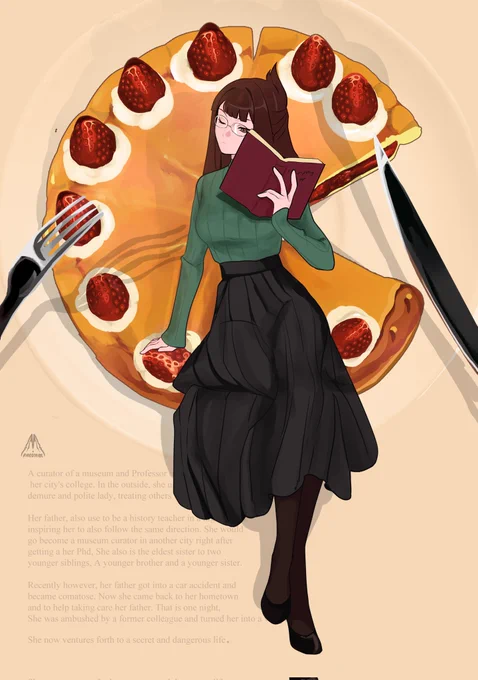 A woman with pale skin, reddish brown hair and green eyes leans back leisurely on a decorated strawberry pie as a knife and fork advance above her. 
