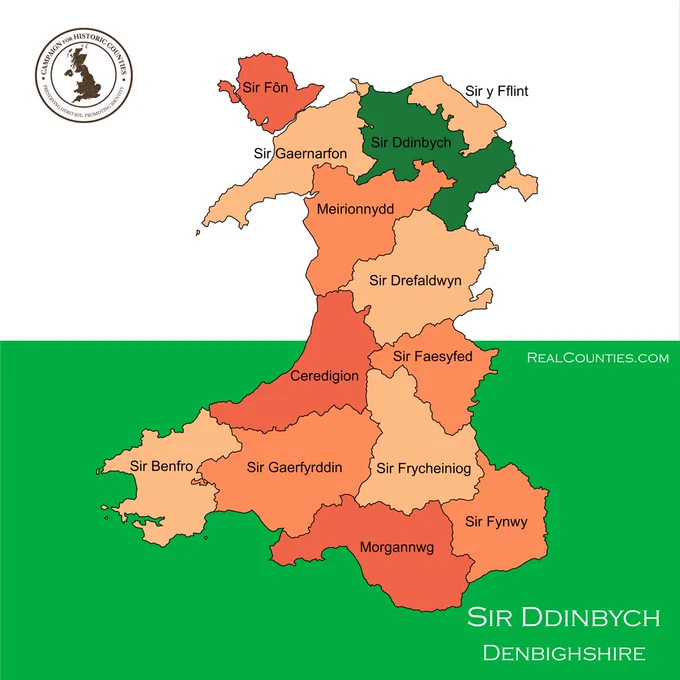 Map of the counties of Wales with Welsh names highlighting Denbighshire (Sir Ddinbych).