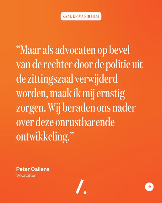 Maar als advocaten op bevel van de rechter door de politie uit de zittingszaal verwijderd worden, maak ik mij als voorzitter van de OVB ernstig zorgen. Wij beraden ons nader over deze onrustbarende ontwikkeling.