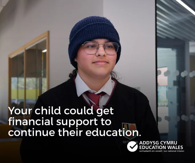 A student wearing a knit hat and School uniform. Text reads: Your child could get financial support to continue their Education – apply online
