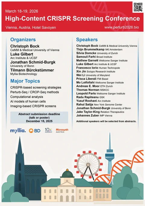 We invite researchers from across the globe to share their latest work and join the discussion shaping the future of CRISPR screening and genome editing.

Scientific themes include

* CRISPR-based screening strategies
* Perturb-seq and CROP-seq methods
* Computational analysis and data interpretation
* AI models of human cells
* Imaging-based CRISPR screens

Date: March 18 & 19, 2026
Location: Vienna, Austria