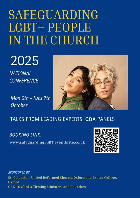 Poster for Safeguarding LGBT  People In The Church promo. Blue background, yellow and white writing. Image of two people against a beige background.