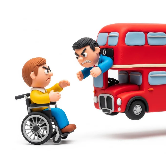 A picture of a London bus driver and a wheelchair user having a furious row.