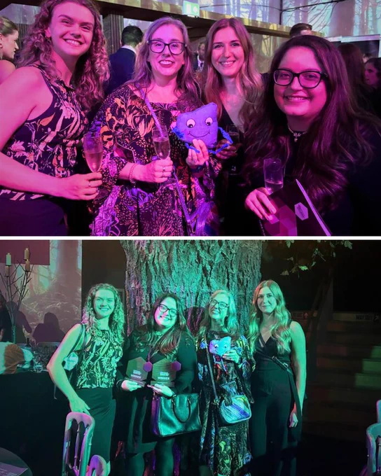 Two photos show groups of four women at what appears to be an awards ceremony, holding drinks, awards, and a plushie. The women are smiling, and the background suggests a themed event with stage props.