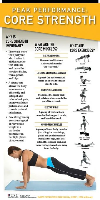 Examples of core training exercises
Plank
Push-up
V-sit up
Squat
Bridge
Step-up with hip flexion
Superman
Lunge