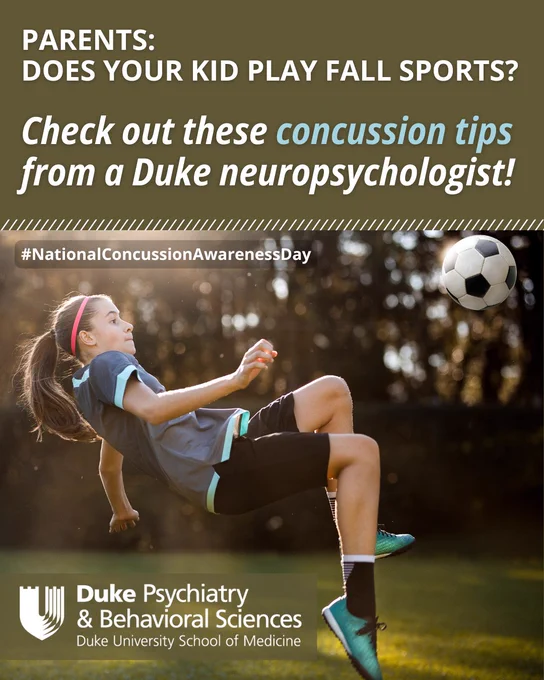 Parents: Does your kid play fall sports? Check out these concussion tips from a Duke neuropsychologist. Photo of teen girl playing soccer. Duke Psychiatry logo. 