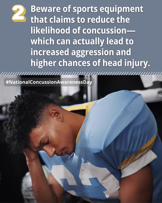 2. Beware of sports equipment that claims to reduce the likelihood of concussion—which can actually lead to increased aggression and higher chances of head injury. Photo of teenage boy in football uniform leaning his head on his hand.