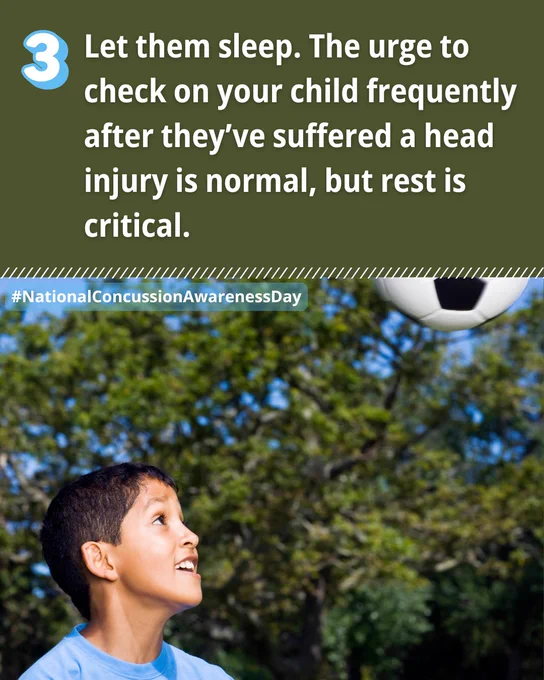 3. Let them sleep. The urge to check on your child frequently after they’ve suffered a head injury is normal, but rest is critical. Photo of young boy about to head a soccer ball.