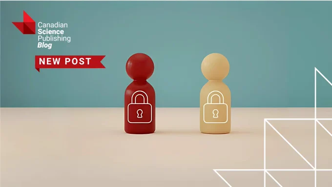 Social card promoting Canadian Science Publishing's new blog post. A red and yellow human-shaped block with lock icons on them. 