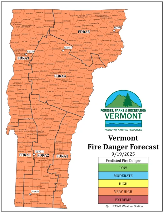 A map of the state of Vermont color-coded to indicate very high fire danger for today, September 19, 2025