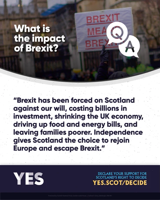 A protest sign reading “Brexit Means Brexit.” Text says Brexit was forced on Scotland, costing investment, raising bills, and leaving families poorer, while independence offers a way back to Europe.