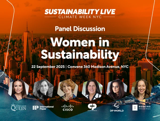 Promotional image for Sustainability Live, Climate Week NYC titled "Women in Sustainability." Scheduled for September 22, 2021 in NYC. Sophie Beckham is featured alongside other speakers. The background shows a city skyline at sunset.