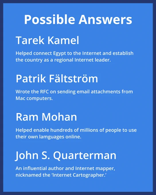 A list of four Internet Hall of Fame inductees with brief descriptions of their contributions, including Tarek Kamel, Patrik Fältström, Ram Mohan, and John S. Quarterman.