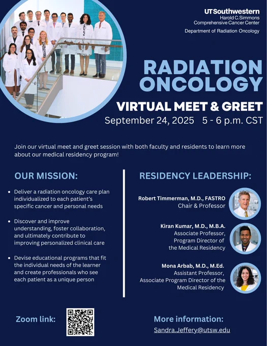 A radiation oncology residency meet and greet graphic with details on the program and residency leadership with a photo of the resident group.