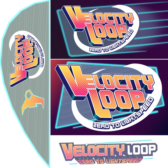 In-game collab ad for SCHROTT featuring 3 image capsules with the Velocity Loop swoosh logo and tagline with neon outlines and shapes and a coloured background.