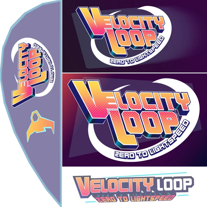 In-game collab ad for SCHROTT featuring 3 image capsules with the Velocity Loop swoosh logo and tagline and a minimal version with transparent shapes and flat background colours