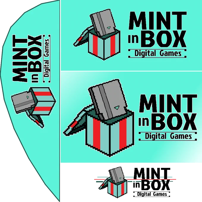 In-game collab ad for SCHROTT featuring 3 image capsules with the Mint In Box Digital Games pixel present box logo with flat mint coloured background colours
