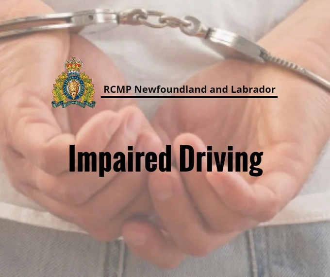 Two hands in handcuffs with the words RCMP Newfoundland and Labrador and Impaired Driving imposed on the image, along with the RCMP logo.