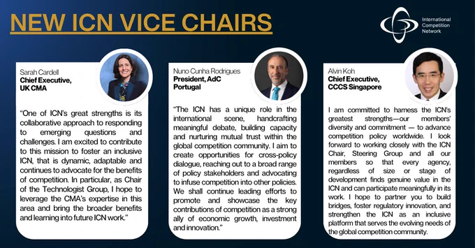 Graphic announcing “New ICN Vice Chairs.” Features Sarah Cardell (UK CMA), Nuno Cunha Rodrigues (AdC Portugal), and Alvin Koh (CCCS Singapore) with their photos, roles, and short quotes. Includes ICN logo.