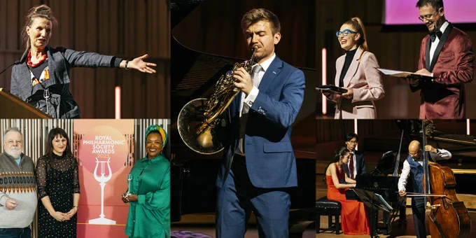Some Highlights from the 2025 RPS Awards. Clockwise: Olivia Fuchs accepts the Opera and Music Theatre Award for Welsh National opera's Death in Venice; Ben Goldscheider performing on french horn; hosts Jess Gillam and Tom McKinney; Leon Bosch performing on double bass, representatives of Streetwise Opera with their Impact Award (photos: Greg Milner Studio).