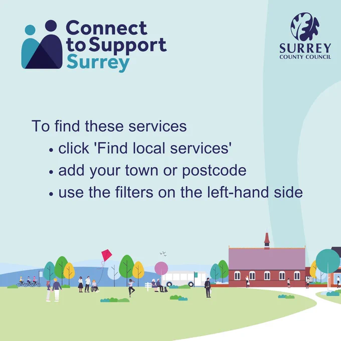 Promotional graphic for Connect to Support Surrey by Surrey County Council. Instructions read: “Click ‘Find local services’, add your town or postcode, and use the filters on the left-hand side.” Background shows a park scene with people walking, cycling, flying kites, and a building surrounded by trees.