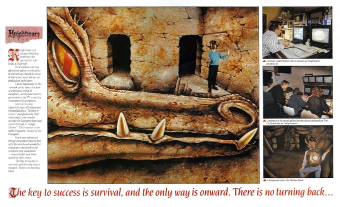 A centre spread from the press pack published by Anglia Television Press Office in 1988. Includes a mockup of a dungeoneer in the Dragon Room (created by David Rowe) alongside some behind-the-scenes shots of Tim Child in the control gallery and computer graphics artist Robert Harris.