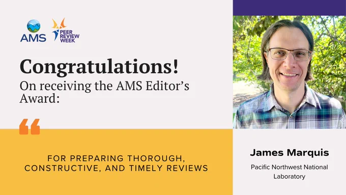 Graphic for Peer Review Week congratulating James Marquis, Pacific Northwest National Laboratory, with a citation.