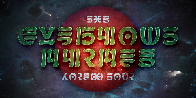 "THE SYMBIONT CIRCLE WORLD TOUR" in slimy green lettering in Nabouveau Futhork, above a dark grey-blue background with a red orb in the center.