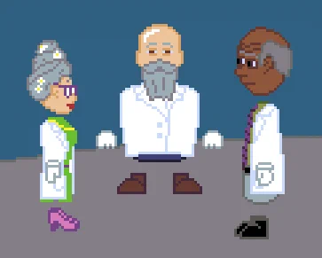 On the left, an old lady in a green dress and lab coat wearing purple shoes and glasses, flowers in her beehive hairdo. In the middle a rotund bald man with a grey moustache and beard, wearing a lab coat. On the right, a black balding man wearing a lab coat and a striped purple tie.