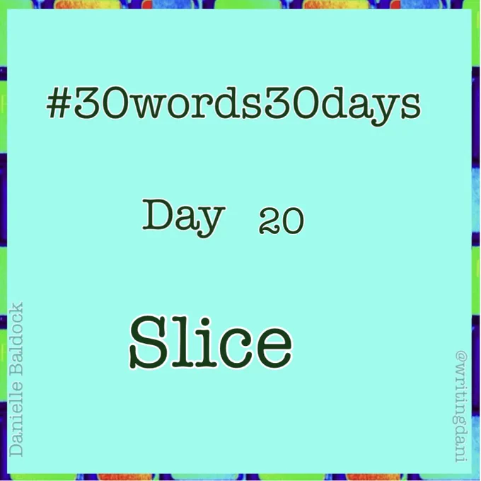 Written on a blue-green background surrounded by vividly-coloured typewriter keys, text reads:

#30words30days

Day 20 - Slice


@writingdani
Danielle Baldock